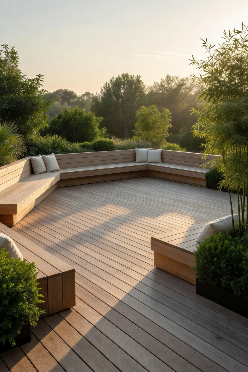 A photograph of a minimalist deck featuring built-in, continuous perimeter seating made of light wood, emphasizing the large, open central floor space for reduced visual clutter.