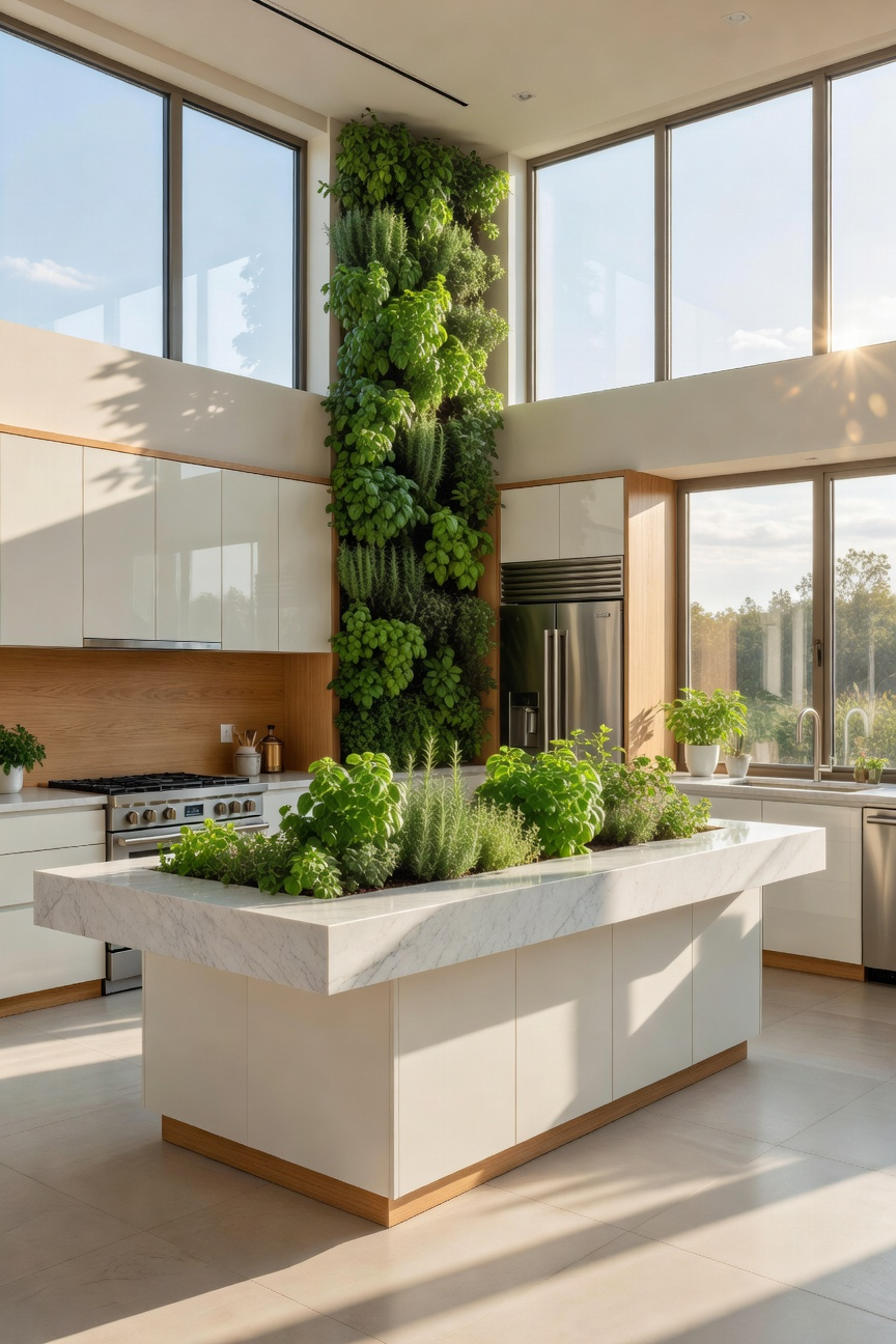 A modern kitchen featuring floor-to-ceiling windows and an integrated indoor herb garden with lush basil and rosemary plants under natural sunlight.