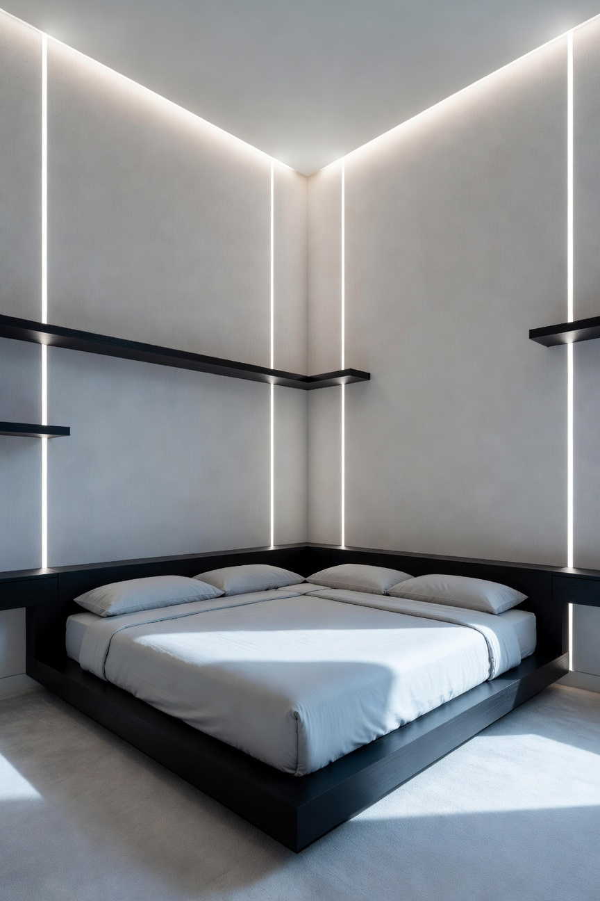 A wide-angle architectural photograph of a modern luxury bedroom featuring integrated Human Centric Lighting (HCL) systems, dramatically illuminated by a bright, cool 6000K white light to simulate morning alertness.