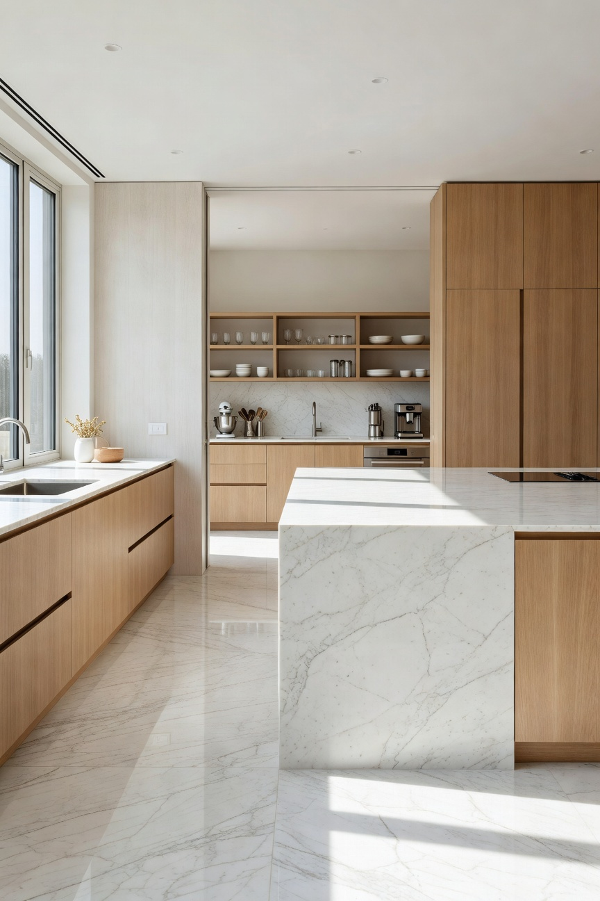 A modern minimalist kitchen featuring a clean white marble island with a view into a secondary prep scullery room through an open doorway.