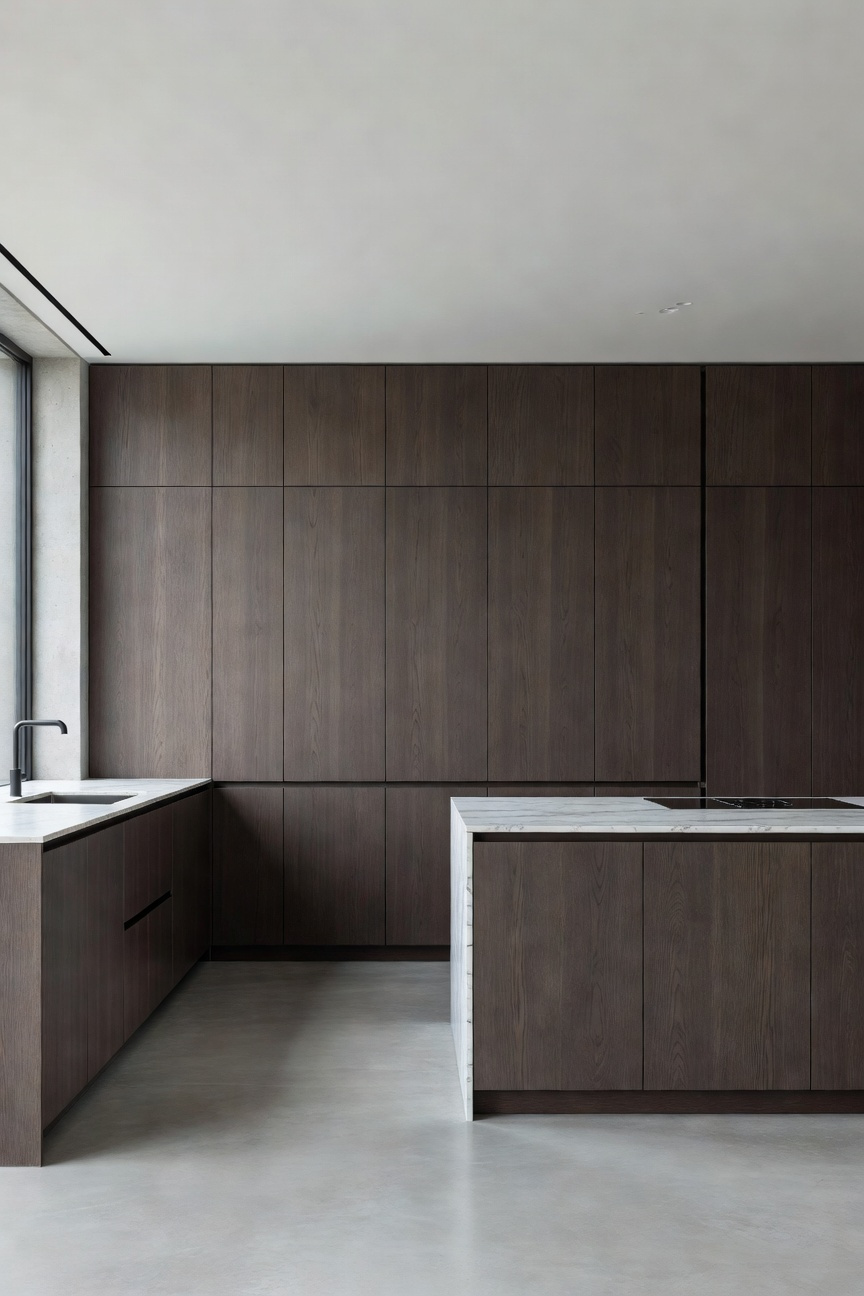 A modern kitchen featuring a seamless floor-to-ceiling dark wood storage wall with architectural shadow gaps and minimalist design.