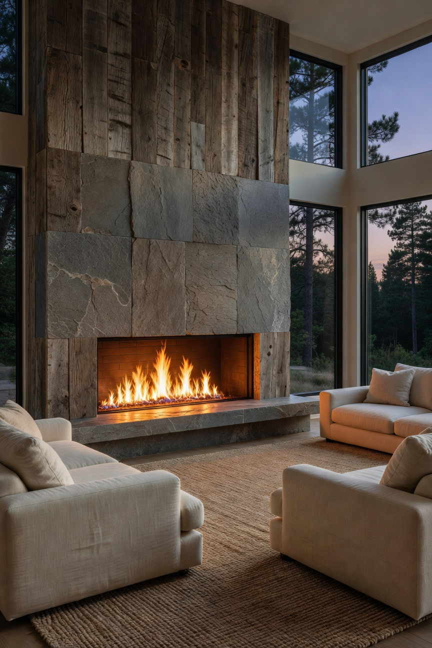 A modern rustic living room featuring a wide linear fireplace built into a reclaimed wood wall with cozy neutral furniture.