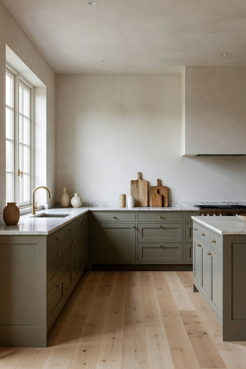 A full-view kitchen scene featuring muted olive green kitchen cabinets with gray undertones, marble countertops, and light wood floors under soft natural lighting.