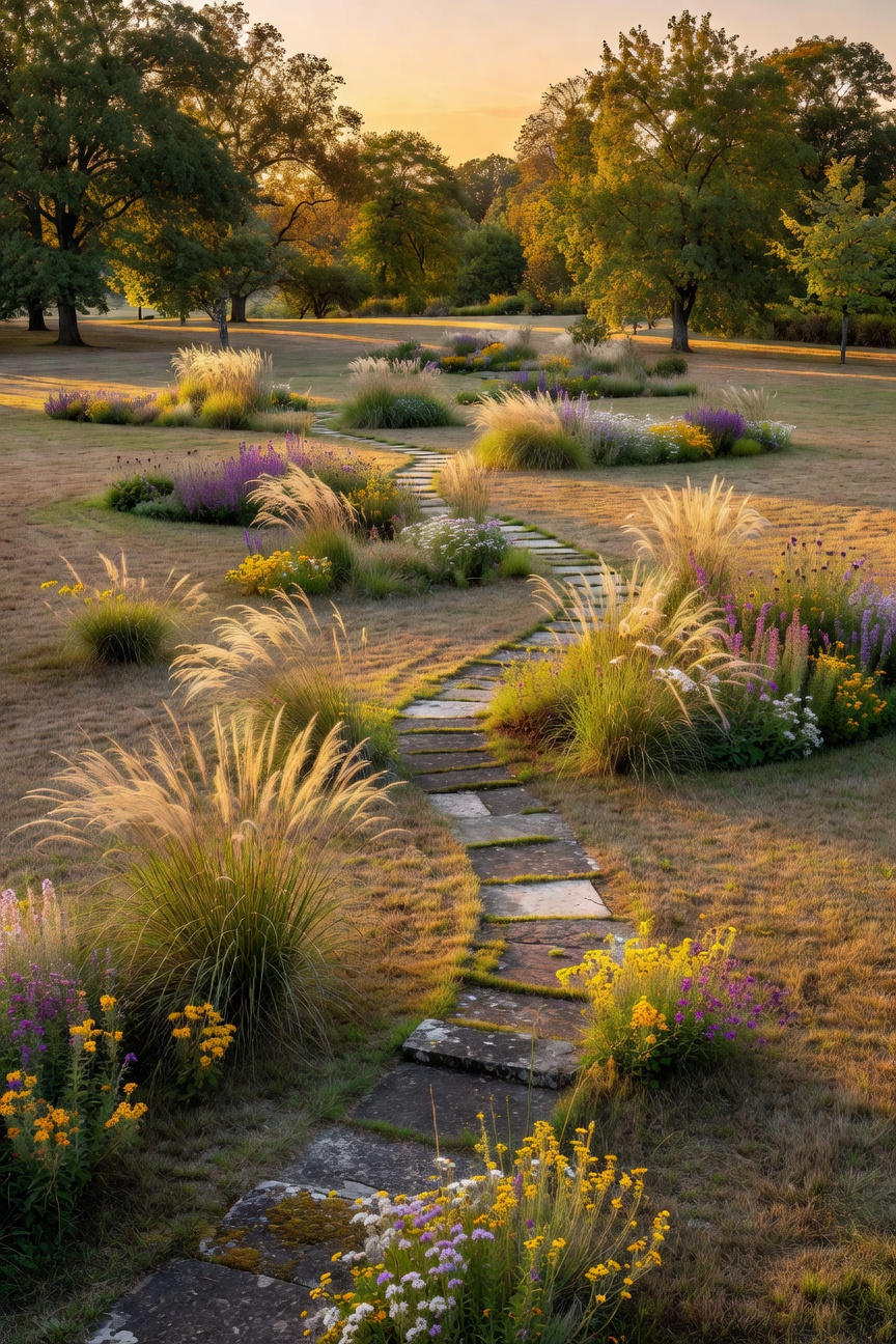 A wide landscape view of a natural lawn garden with golden dormant grass and native plants during a sunset.