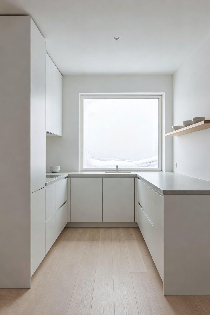 A luminous, compact Scandinavian apartment kitchen featuring matte white cabinets, pale wood flooring, and a large, unadorned window maximizing natural daylight exposure.