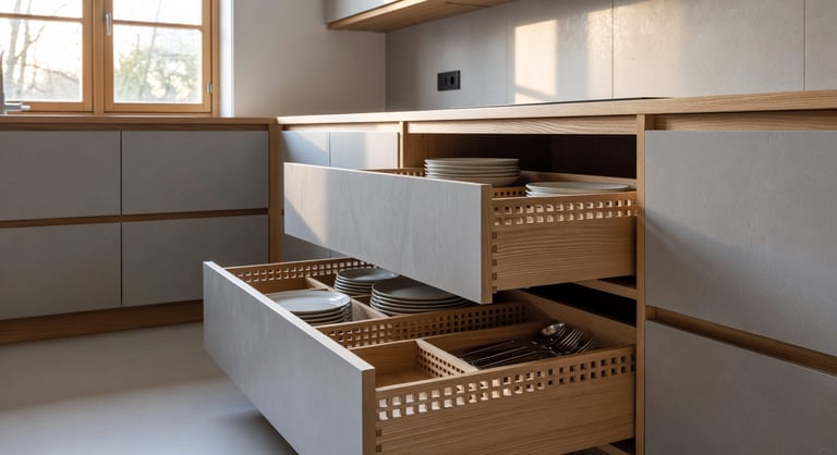 A wide-angle view of a bright Nordic-style kitchen with open pull-out drawers showing organized ash wood dividers and kitchenware.