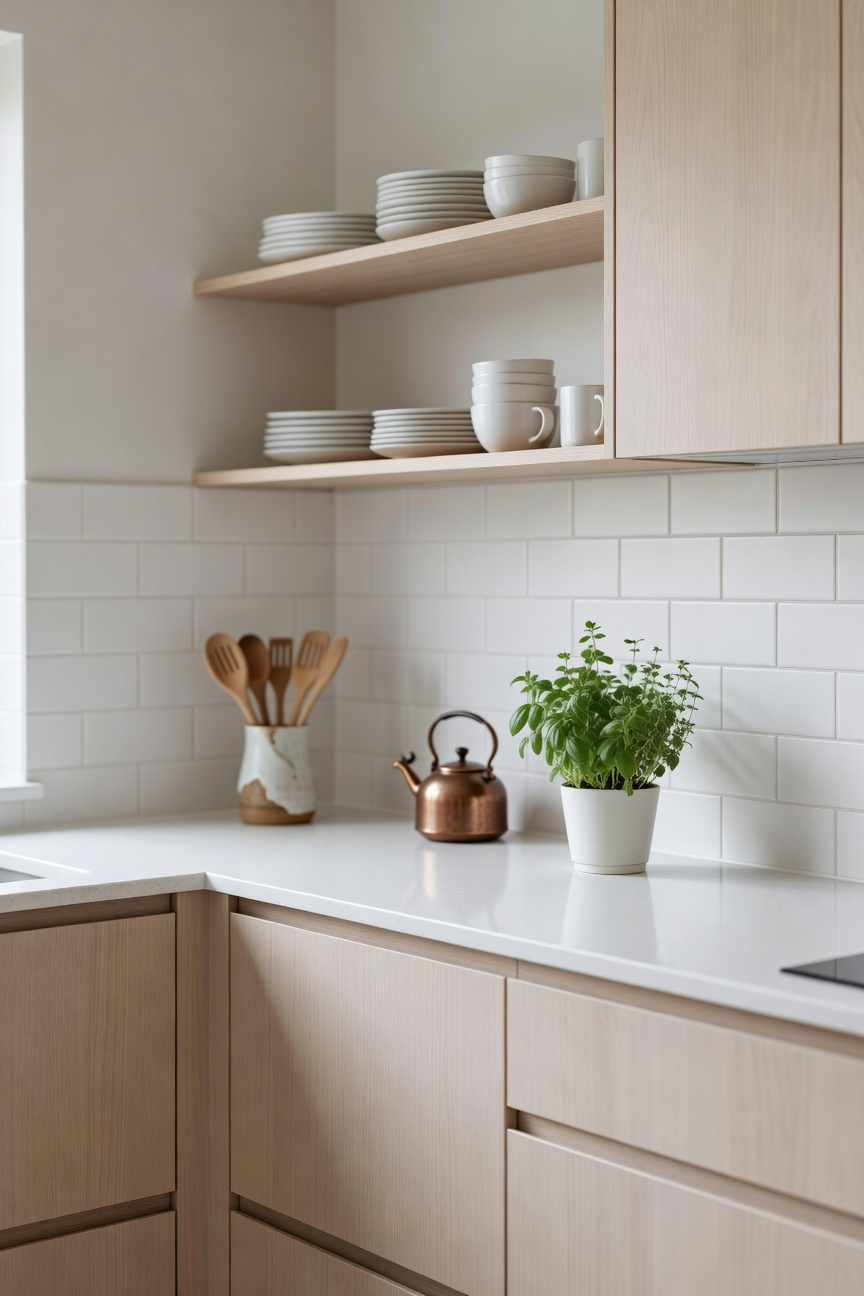 A minimalist, compact Scandinavian apartment kitchen featuring pale wood cabinetry and white tiles, embodying the Swedish Lagom principle with only essential items displayed on the counter.
