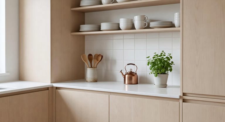 A minimalist, compact Scandinavian apartment kitchen featuring pale wood cabinetry and white tiles, embodying the Swedish Lagom principle with only essential items displayed on the counter.