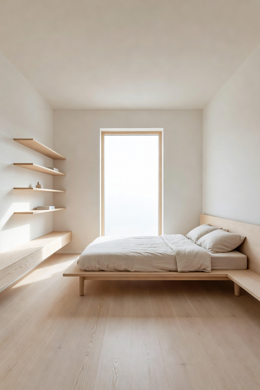A small airy bedroom featuring light-toned ash wood furniture and bright natural sunlight reflecting off the walls.