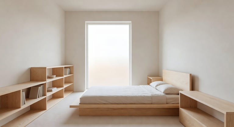 A small airy bedroom featuring light-toned ash wood furniture and bright natural sunlight reflecting off the walls.