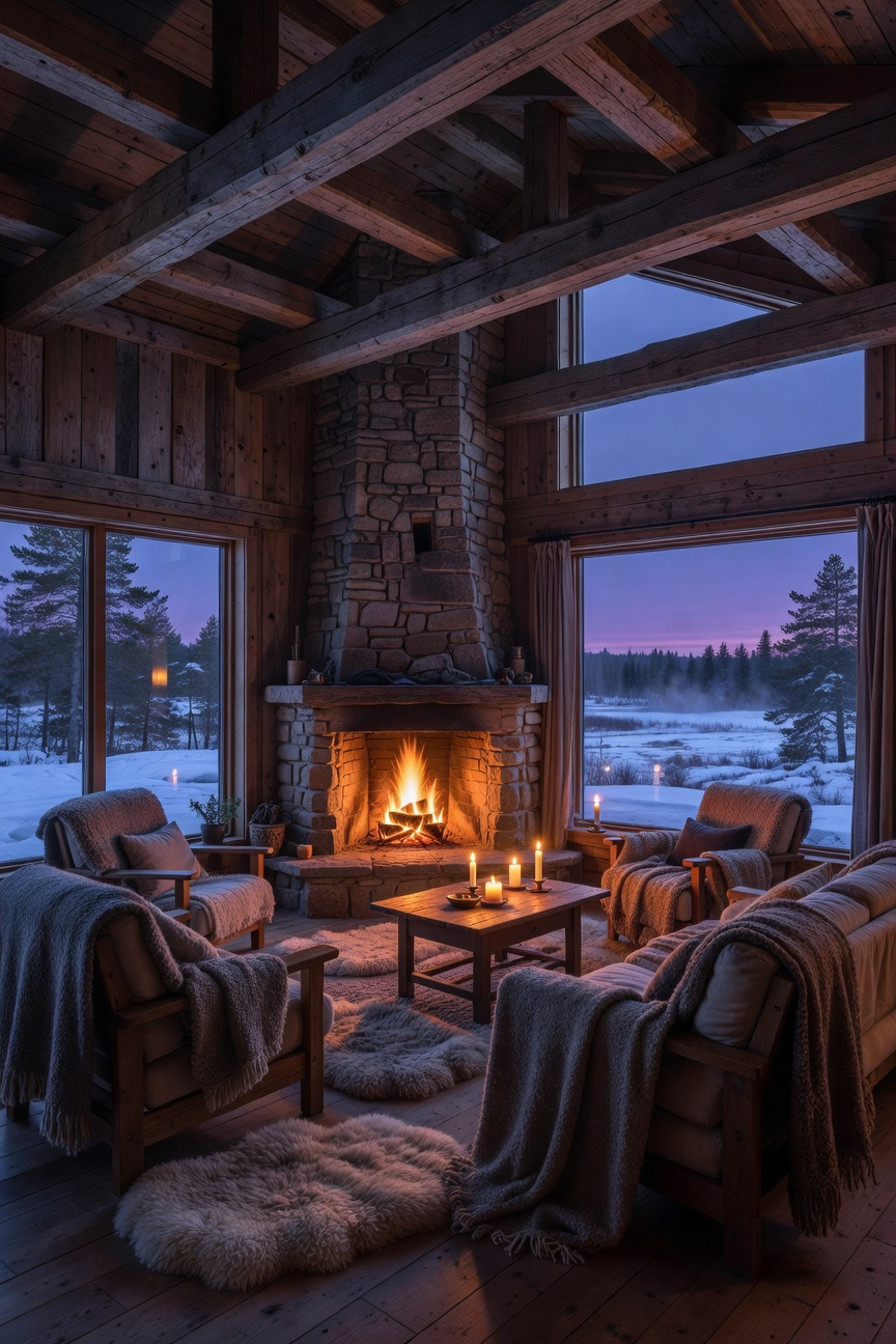 A warm and honest rustic living room featuring a stone fireplace and cozy textures with a view of a snowy Scandinavian forest during twilight.