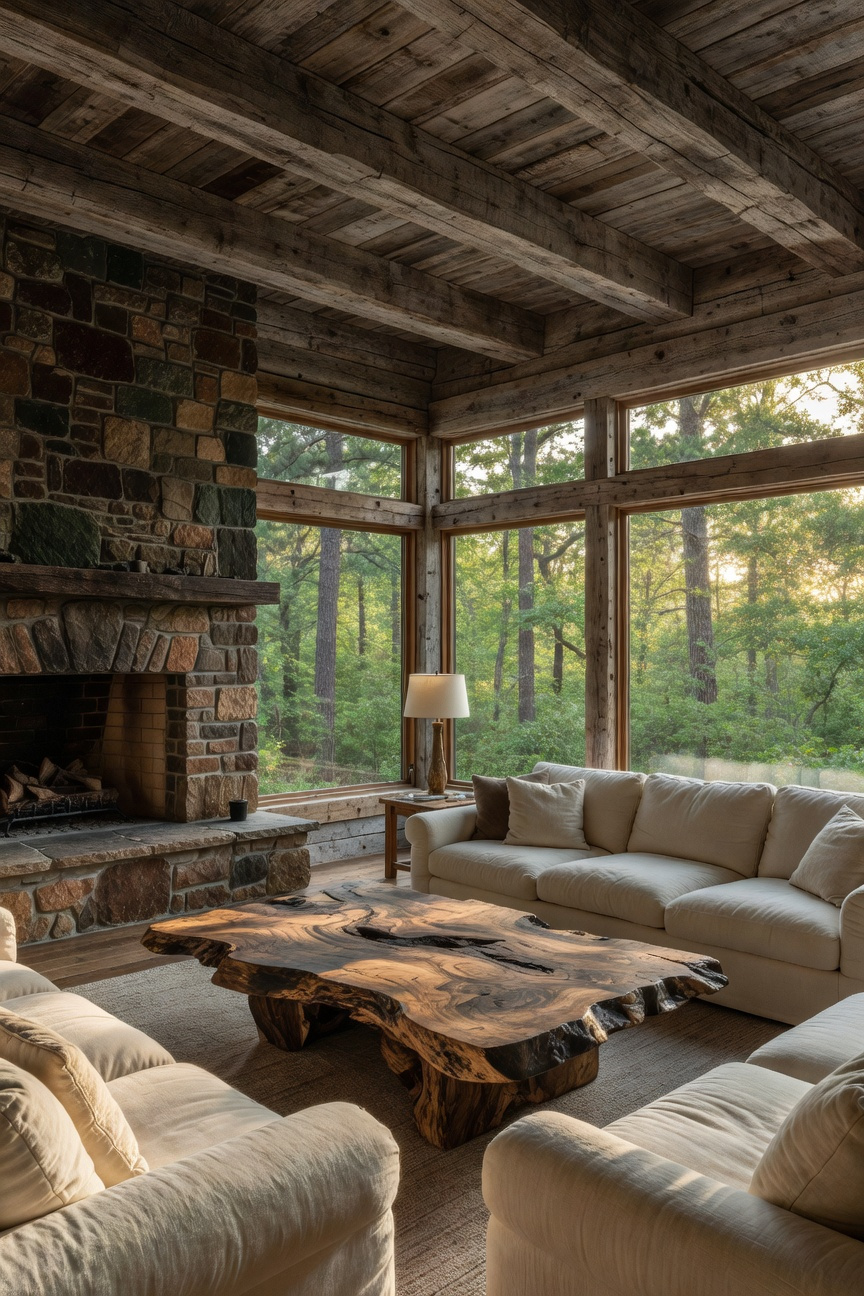 A sun-drenched rustic living room with exposed wooden beams, a live-edge coffee table, and a stone fireplace illustrating biophilic design.