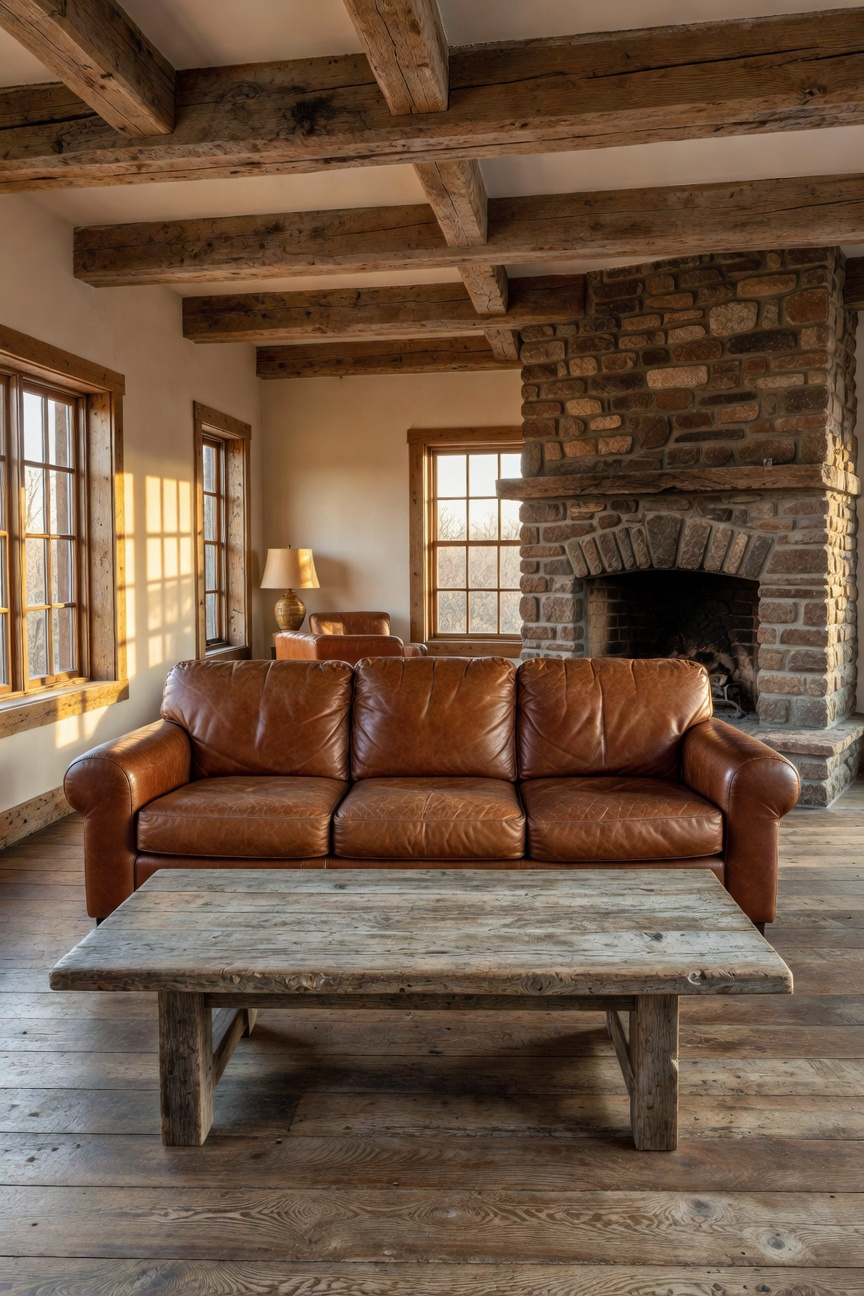 A spacious rustic living room featuring weathered wood beams, aged leather furniture, and natural stone textures illuminated by warm sunlight.