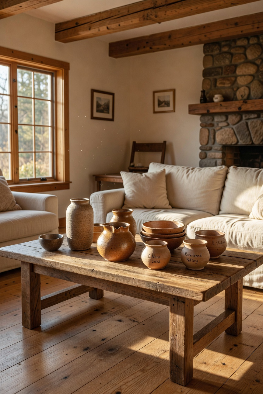 A collection of hand-thrown stoneware ceramics displayed on a wooden table in a rustic living room with a stone fireplace.