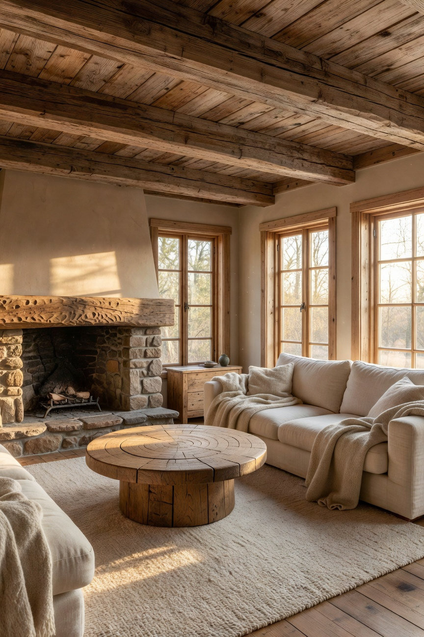 A bright Scandinavian living room featuring historical reclaimed timber beams, a hand-hewn mantel, and rustic wood furniture with visible saw marks.