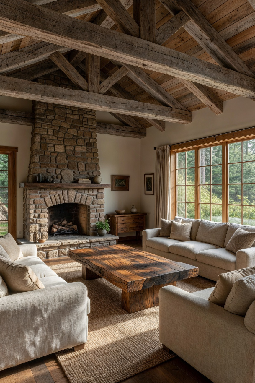 A spacious rustic living room designed with ethical reclaimed wood beams and old-growth timber furniture.