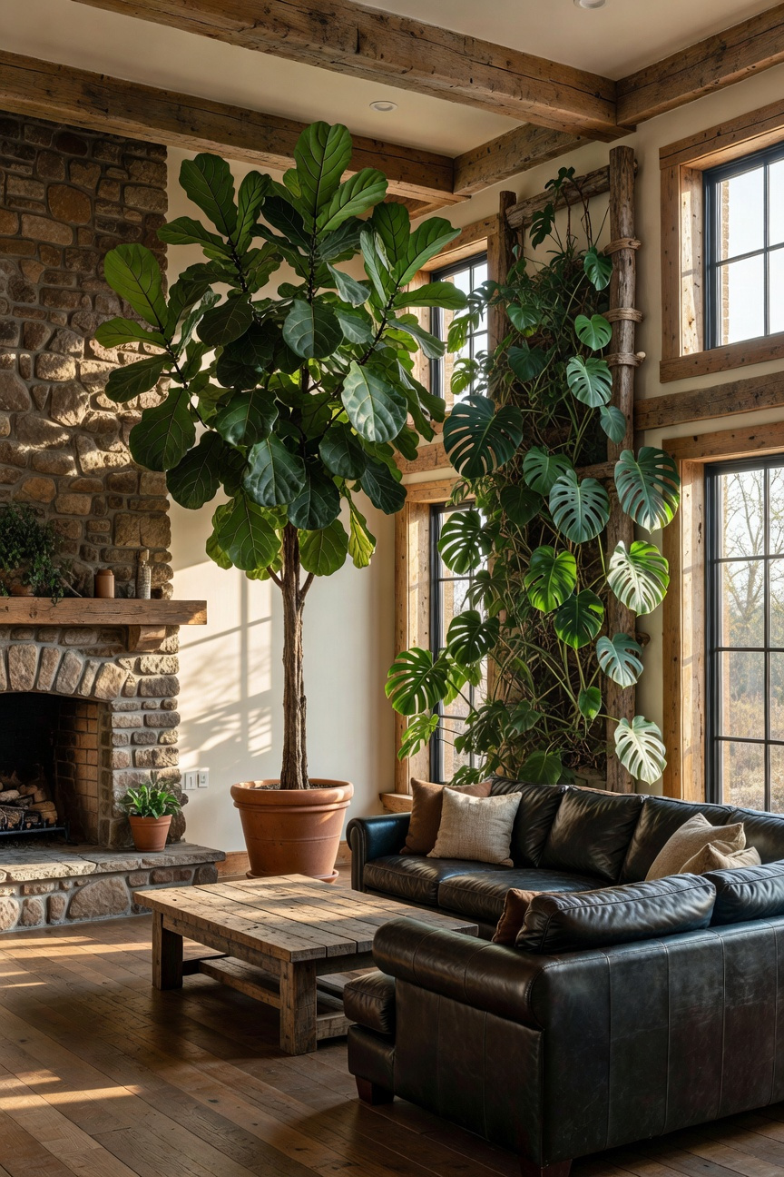 A bright rustic living room with high ceilings, wooden beams, and tall indoor trees used as vertical decor elements.