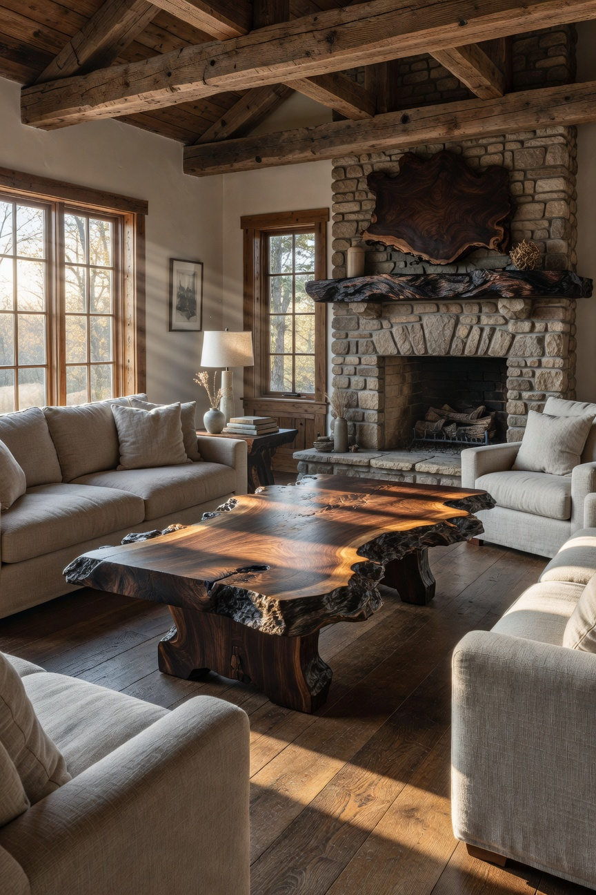 A spacious rustic living room featuring a prominent live-edge wood coffee table and a matching mantelpiece against a stone fireplace, illuminated by natural sunlight.