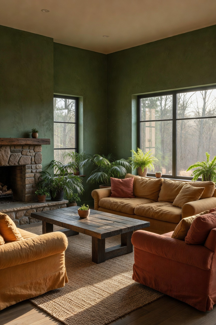 A modern rustic living room interior featuring deep moss green walls and clay-toned furniture with natural wood and stone elements.