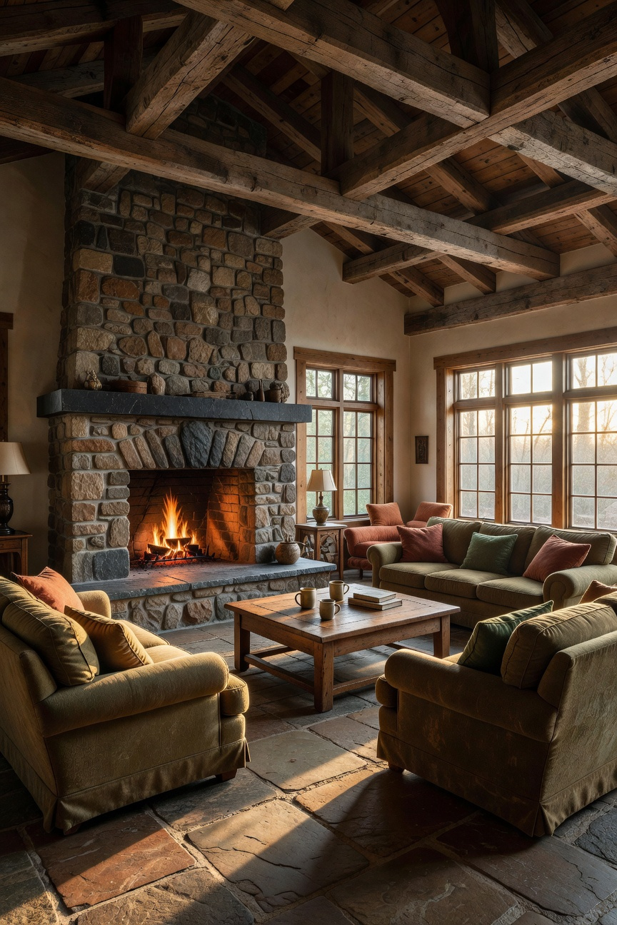 A spacious rustic living room featuring a floor-to-ceiling natural stone fireplace and slate hearth with warm ambient lighting.