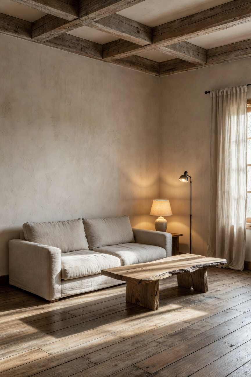 A rustic living room featuring Wabi-Sabi decor with reclaimed wood beams, textured walls, and soft light filtered through linen curtains.