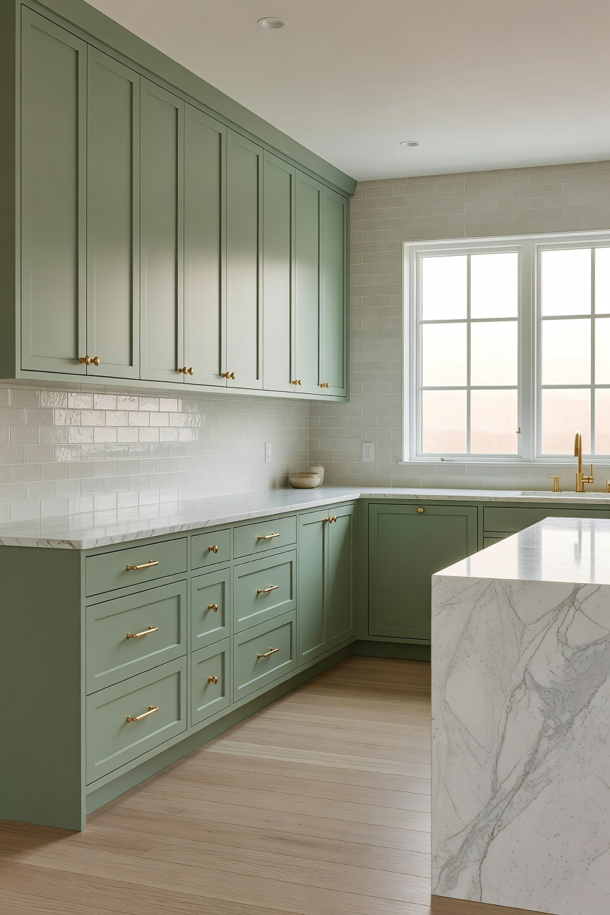 A modern kitchen featuring elegant sage green cabinets, marble countertops, and soft natural lighting to create a calming atmosphere.