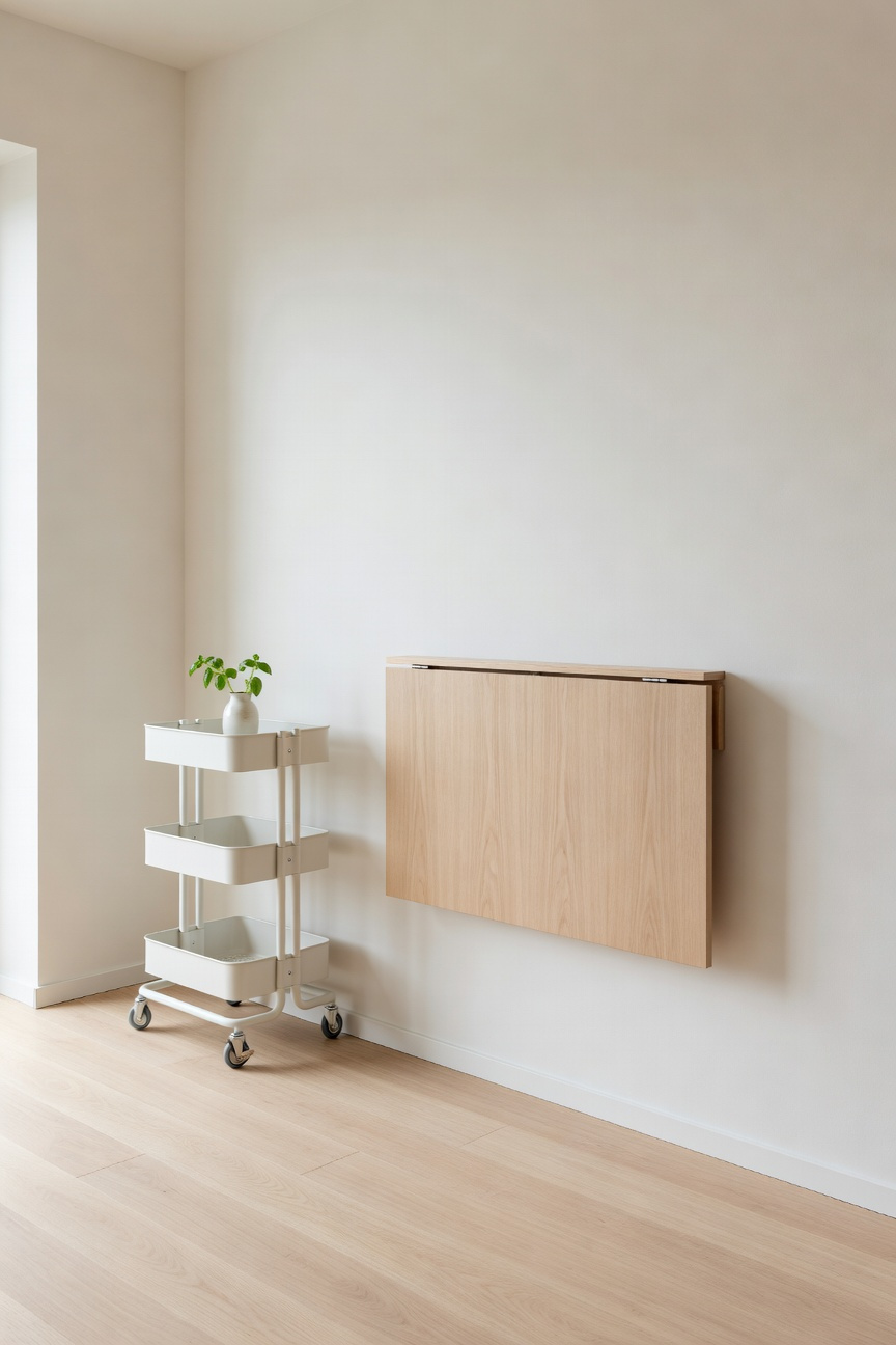 Scandinavian apartment kitchen featuring a modern folded wall-mounted drop-leaf table made of pale wood and a white rolling utility cart, demonstrating space-saving multi-functional furniture.