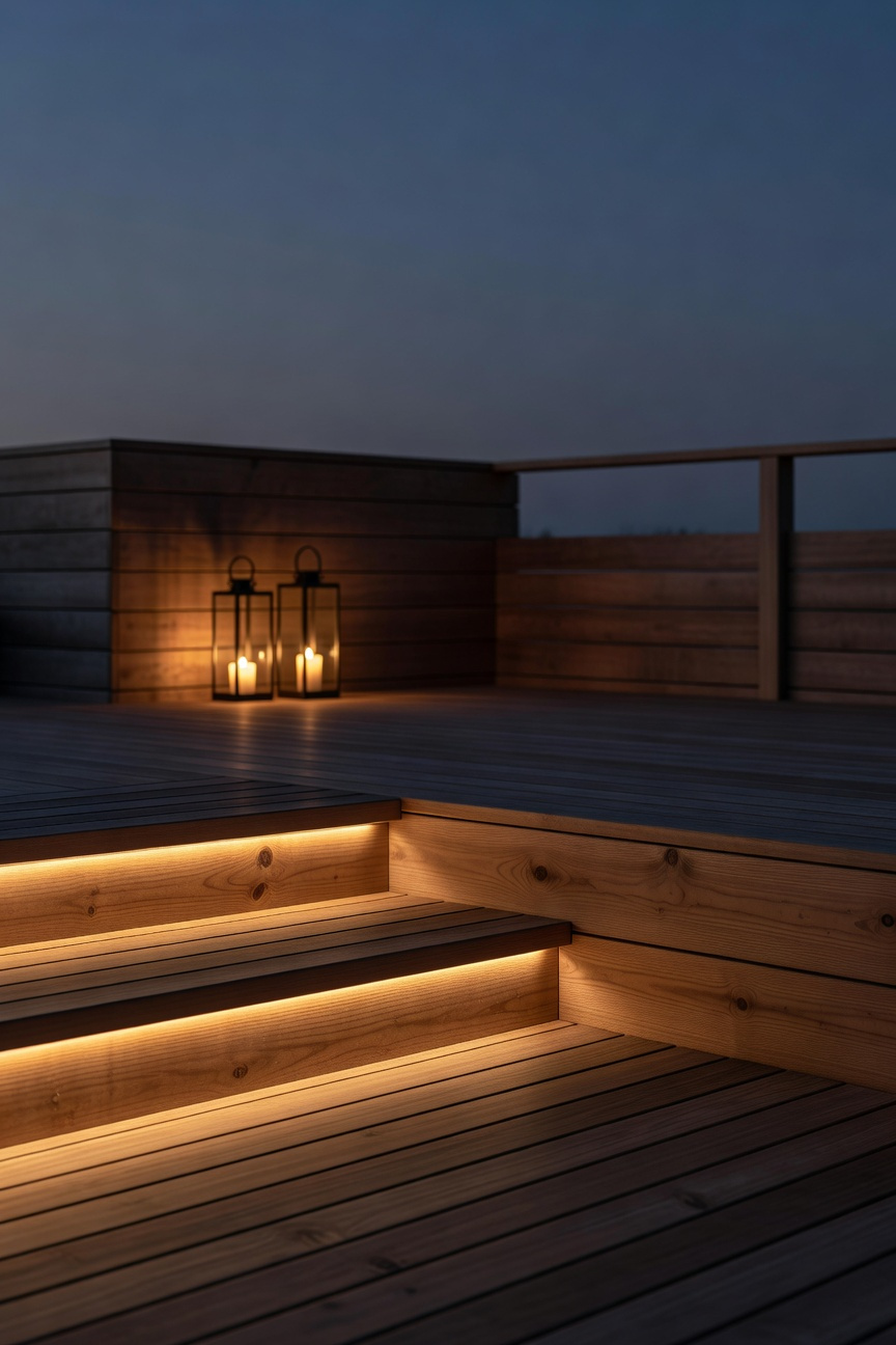 A modern wooden deck at twilight lit exclusively by ultra-warm 2600K step lights and lantern fixtures, designed for relaxation and mood lighting.