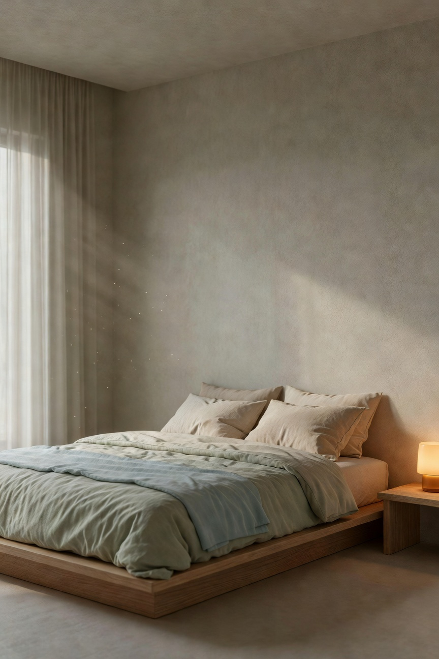 A minimalist bedroom interior featuring greige walls, layered linen bedding, and soft, low-intensity ambient lighting, illustrating a calming circadian palette.