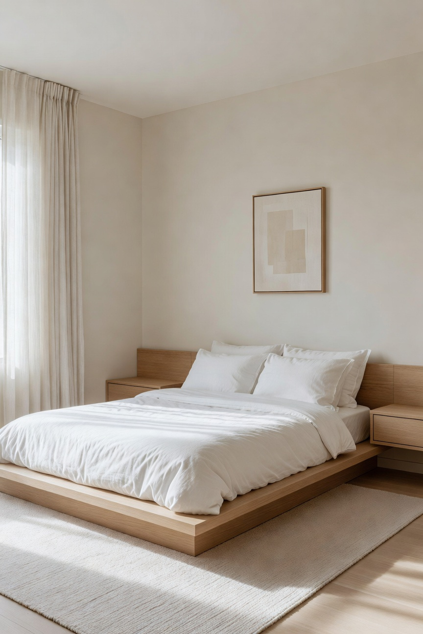 A small minimalist bedroom with hidden technology and no visible cords featuring neutral colors and soft natural light.