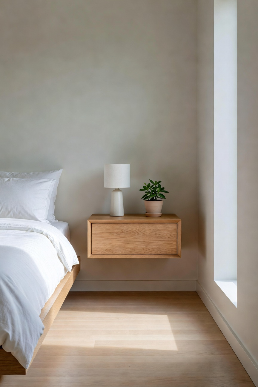 A small modern bedroom featuring a light oak floating nightstand mounted on the wall next to a bed to save floor space.