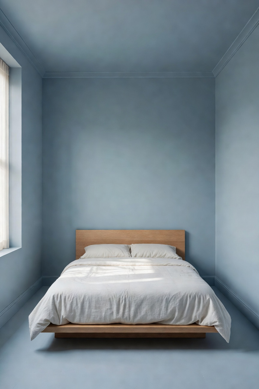 A small bedroom with walls and trim painted the same shade of blue to create a seamless vertical illusion of height.
