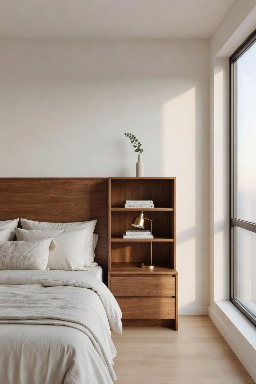 A bright small bedroom featuring a mid-century modern wooden headboard with built-in storage shelves and organized decor.