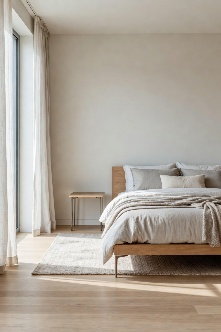 A small modern bedroom with elevated furniture on slender legs to showcase the floor space and increase visual openness.