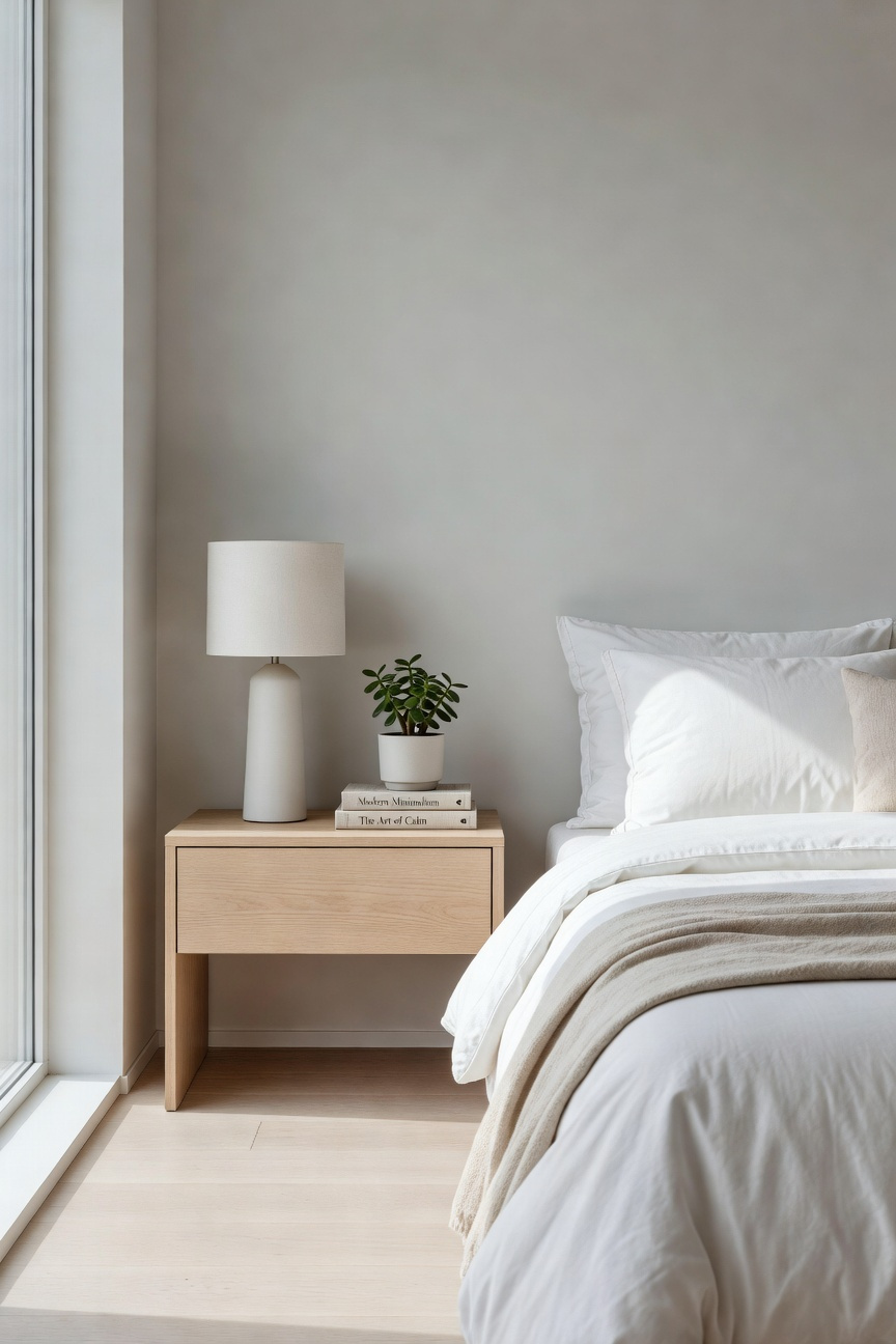 A minimalist small bedroom featuring a nightstand styled with three decor items to demonstrate the rule of three for a breathable surface.