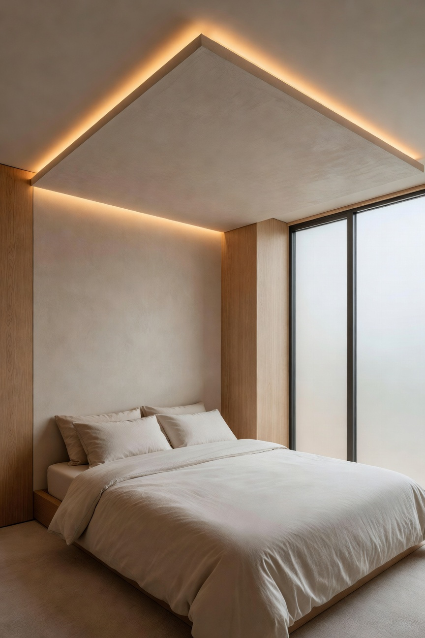 A modern small bedroom showcasing a lowered ceiling over the bed and independent wall planes to create a spacious room within a room effect.