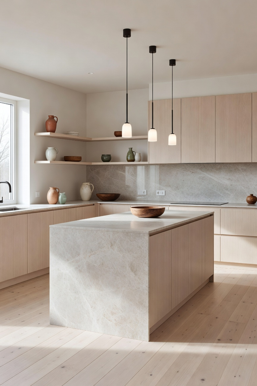 A modern Nordic kitchen featuring light oak cabinetry, a large marble island, and soft natural lighting to illustrate soft modernism design.