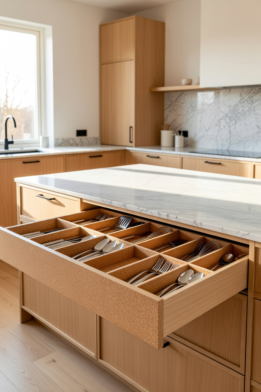 A wide shot of a modern Scandinavian kitchen featuring an open wooden drawer with sustainable cork dividers organizing stainless steel cutlery on a marble countertop.