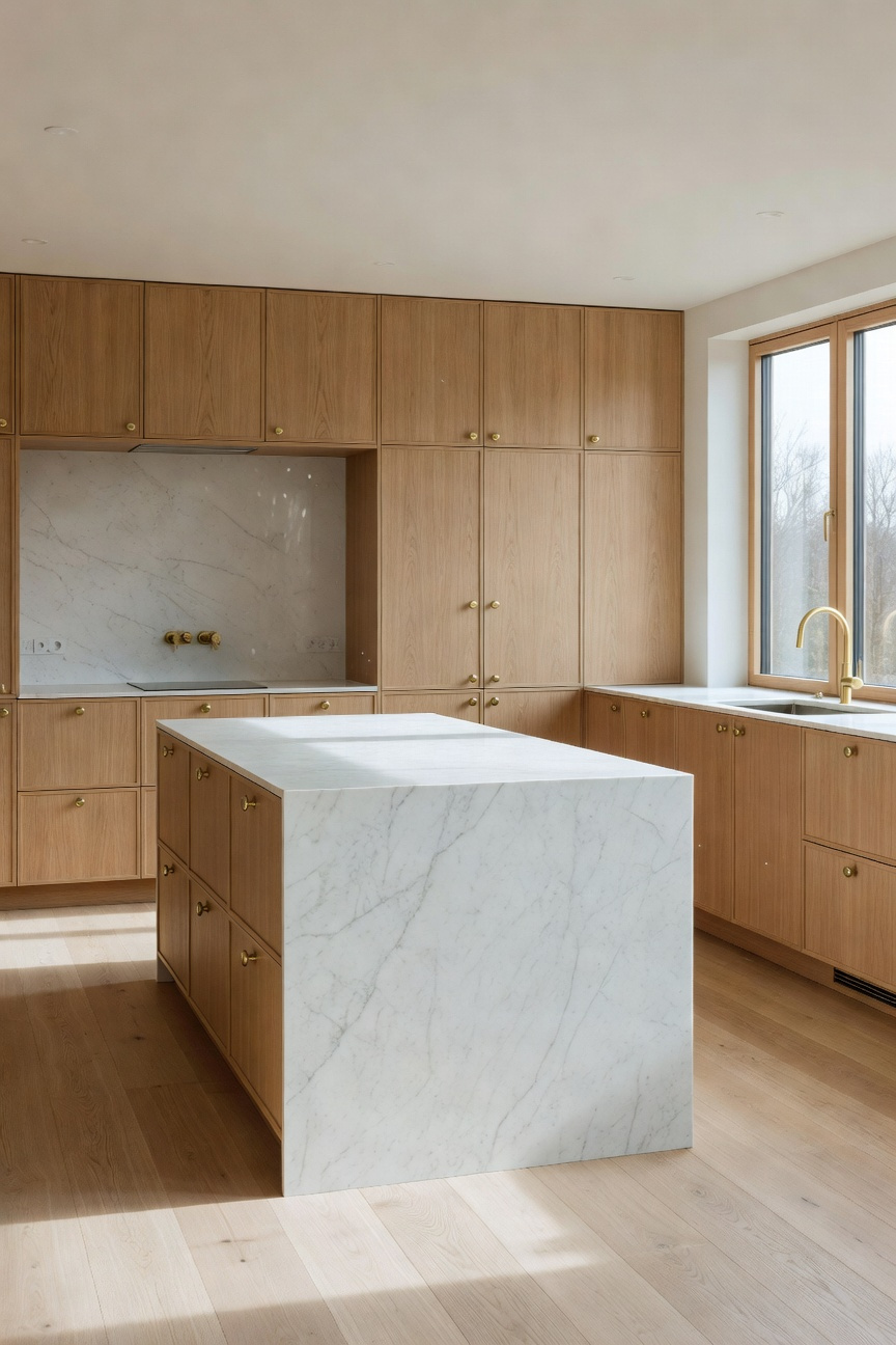 A modern Scandinavian kitchen featuring light wood cabinets and unlacquered brass handles with a natural patina under bright window light.
