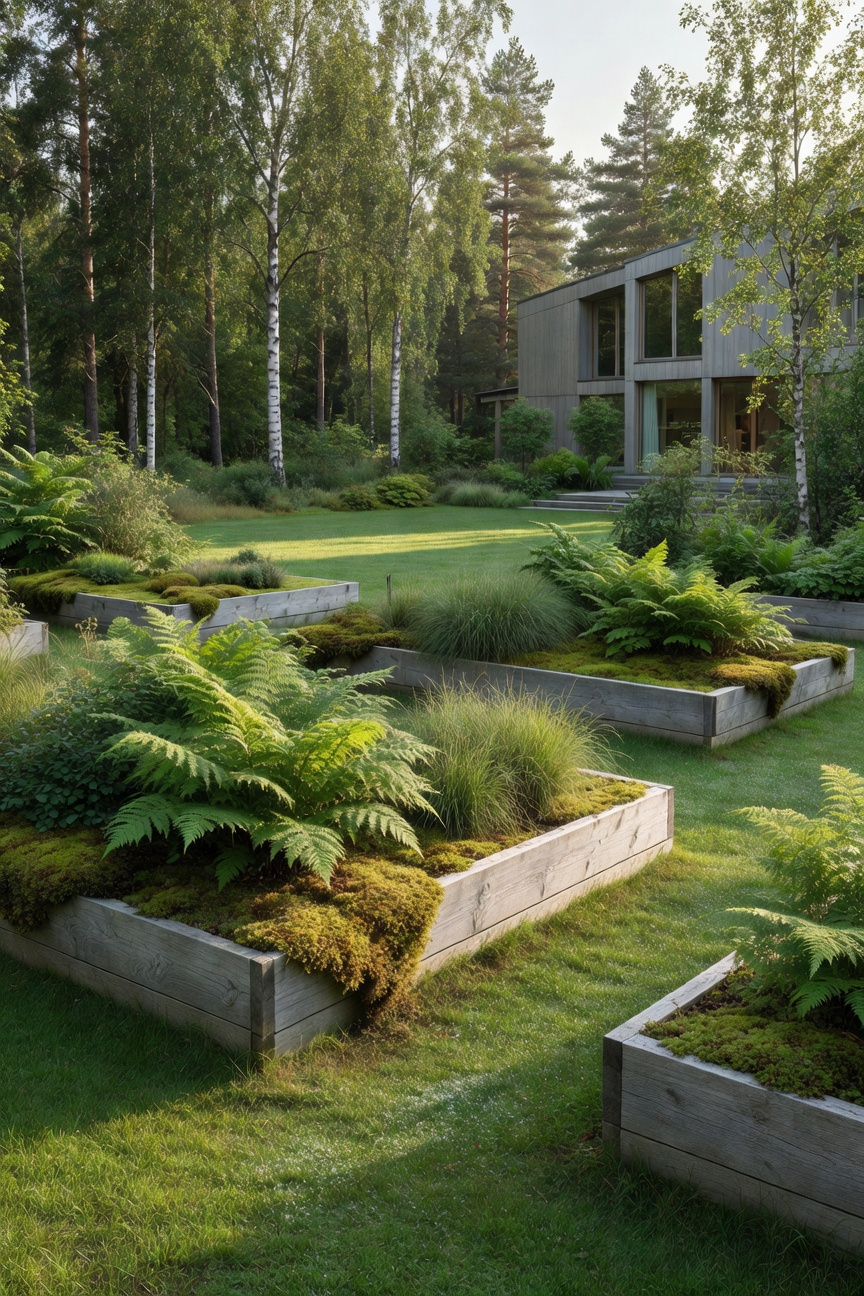 A lush lawn garden featuring sustainable weathered timber raised beds and vibrant green plants in a Scandinavian landscape design.