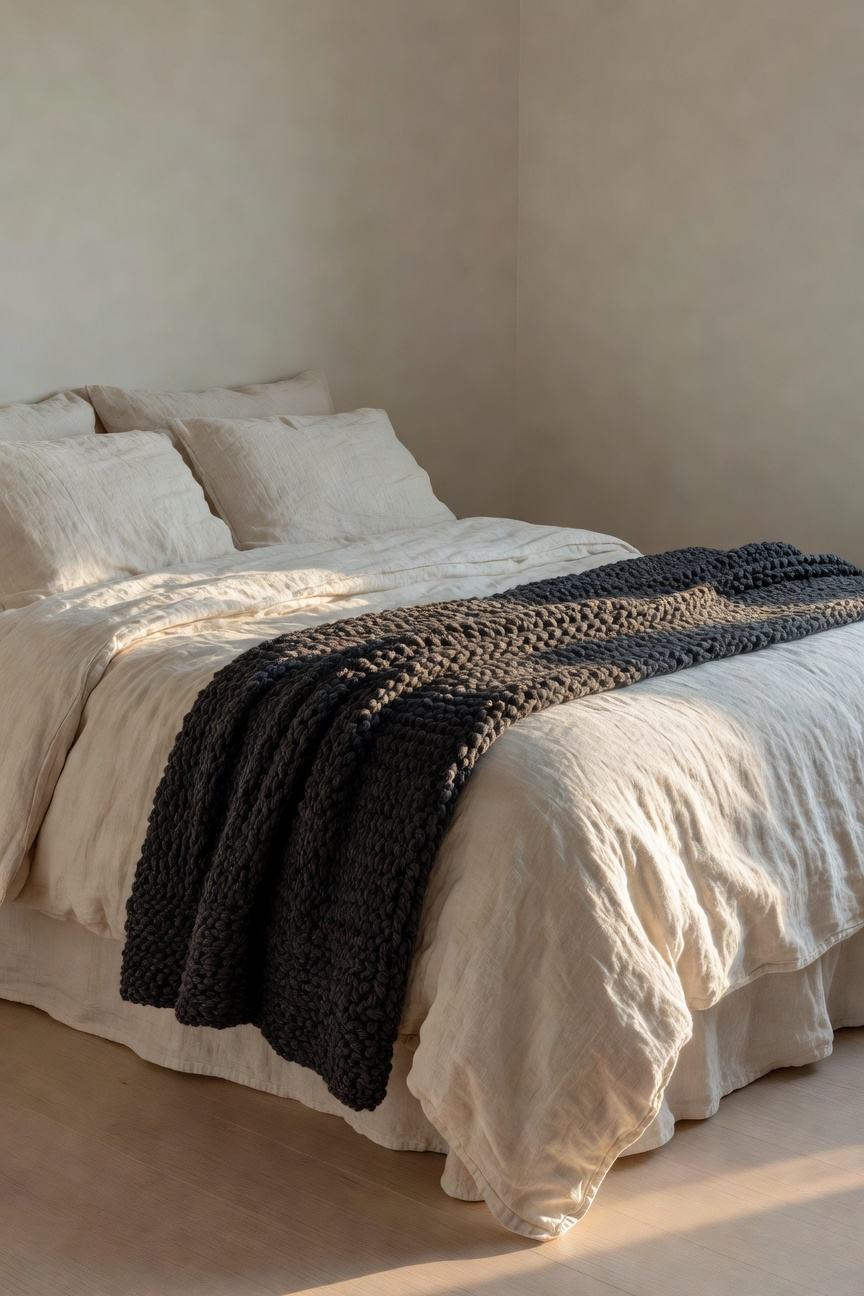 A small bedroom showcasing the use of textured linen bedding and a thick wool throw to add visual interest and depth.