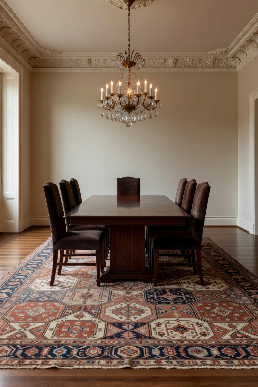 A grand traditional dining room featuring a large antique Serapi rug under a heavy dark wood dining table with elegant chairs and a crystal chandelier.