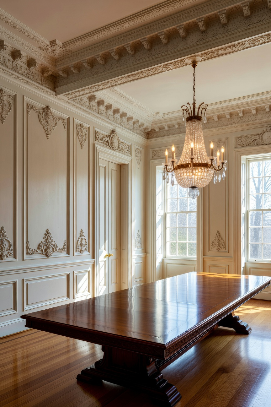 A formal traditional dining room featuring elegant white wainscoting, a dark wood dining table, and a crystal chandelier.