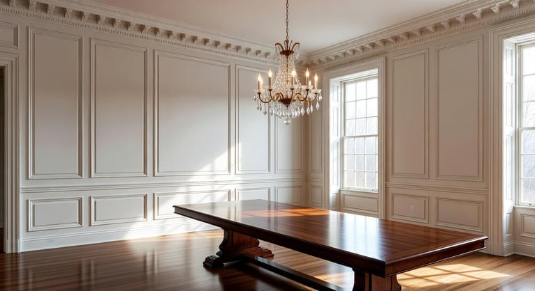 A formal traditional dining room featuring elegant white wainscoting, a dark wood dining table, and a crystal chandelier.