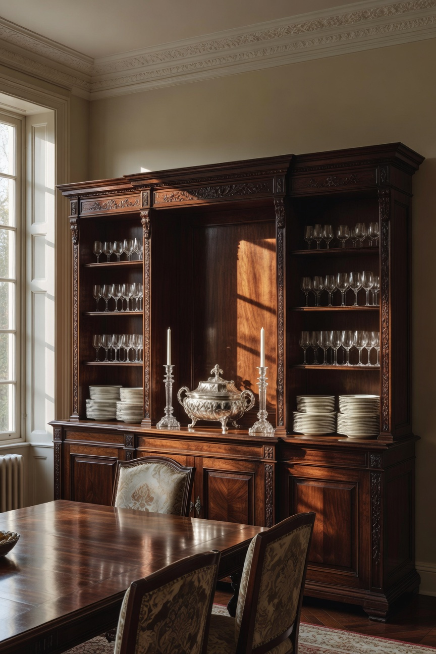 A grand mahogany breakfront cabinet in a traditional dining room displaying a curated collection of silver and porcelain with ample space between items.