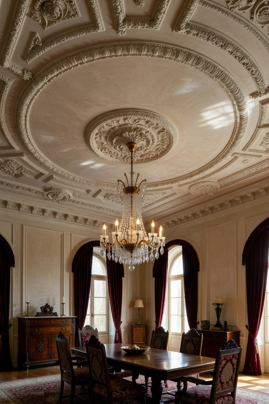 A traditional dining room with a detailed plaster ceiling medallion and ornate cornices lit by a crystal chandelier.