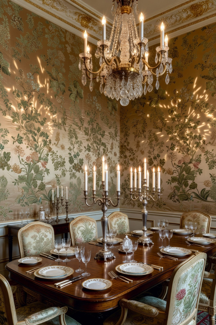 A grand traditional dining room with hand-painted Chinoiserie silk damask wall coverings shimmering under warm candlelight.
