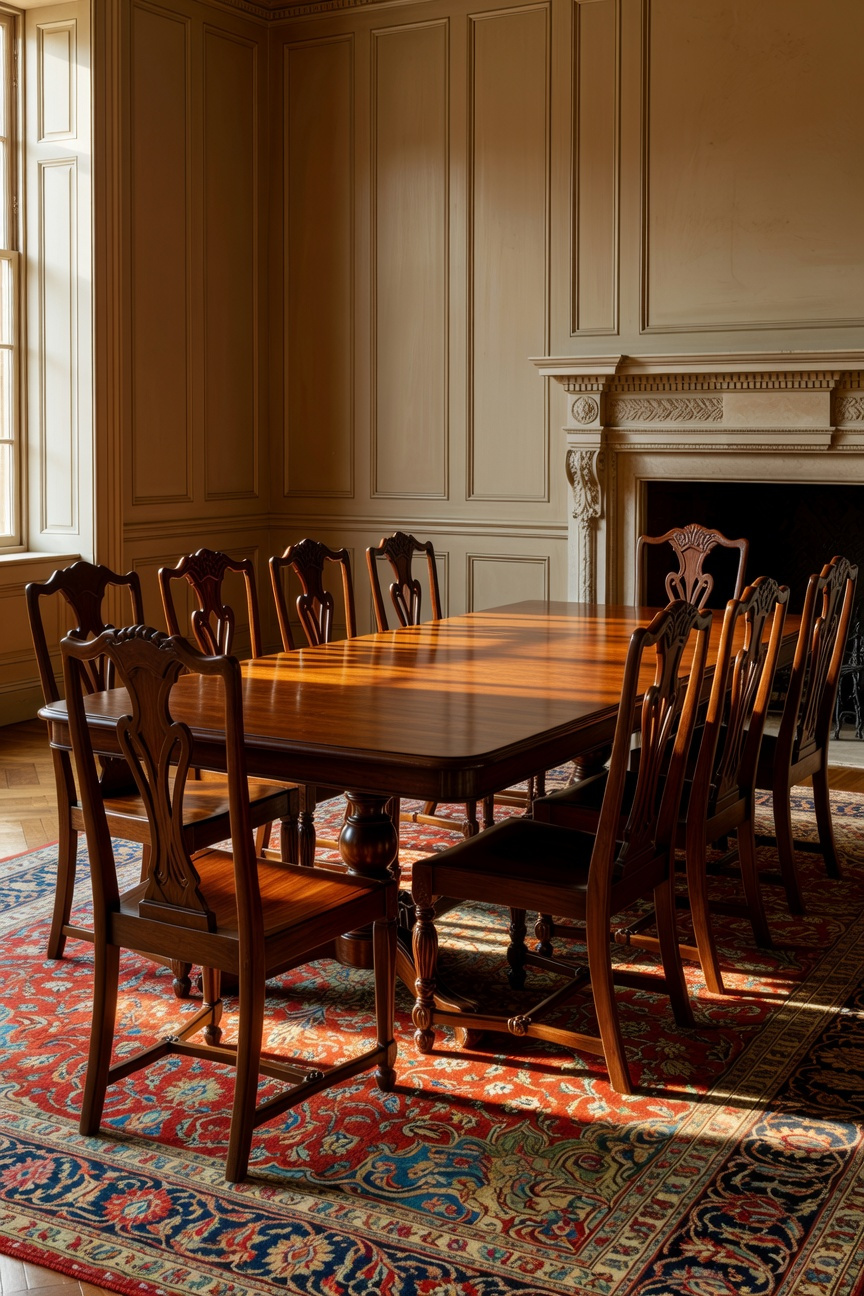 A full-view photograph of a traditional dining room featuring antique Queen Anne and Chippendale chairs surrounding a dark wood table.