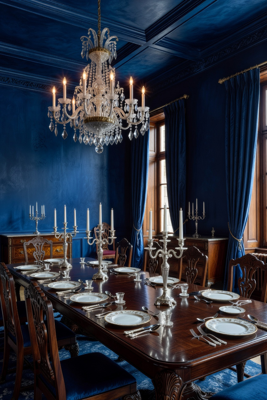 A lavish traditional dining room with deep Prussian Blue walls, a polished mahogany table set with silver and porcelain, and a glowing crystal chandelier.