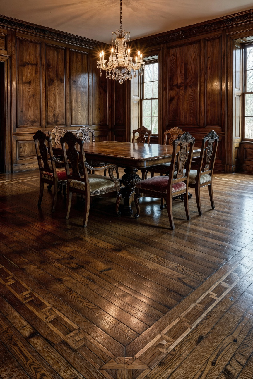 A spacious traditional dining room featuring polished original hardwood floors with parquet patterns and a large wooden dining set under natural light.